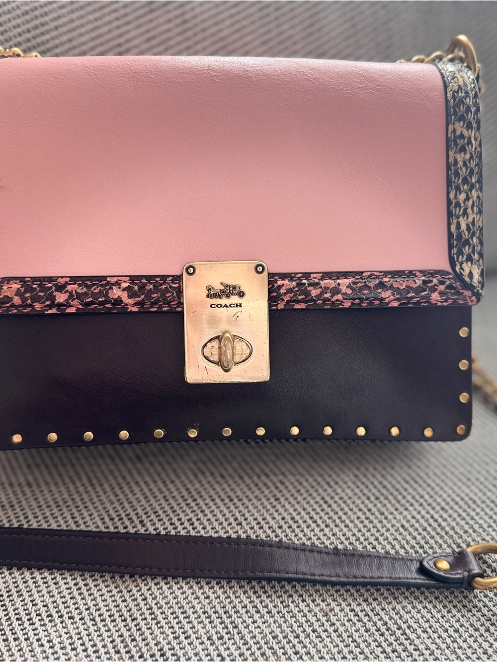 Coach Pink and Black Leather Floral-Trim Crossbody with Gold Hardware